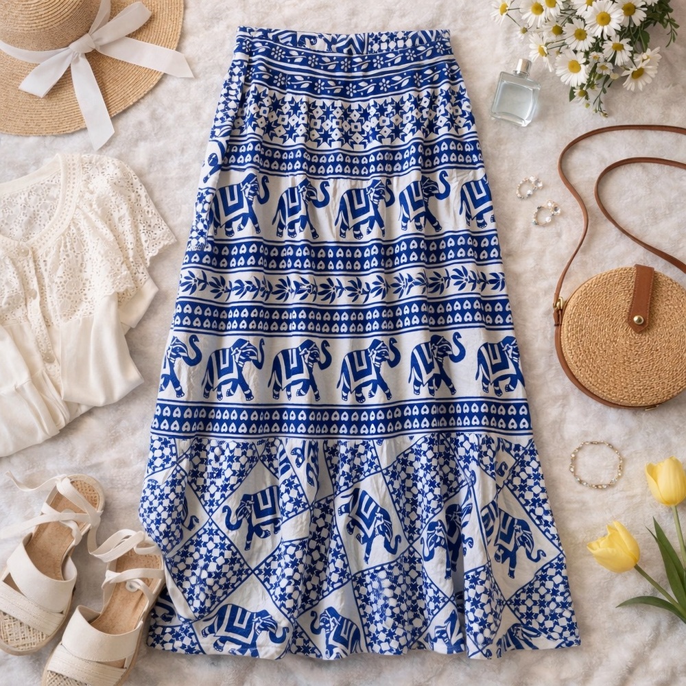 Boho Indian Elephant Print Wrap Maxi Skirt Blue White One Size Cotton